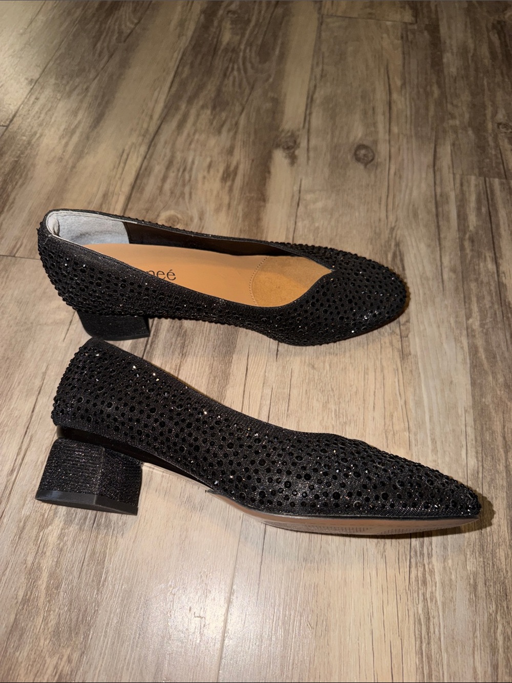 J.Renee Black Crystal-Embellished Low Block Heel Pumps